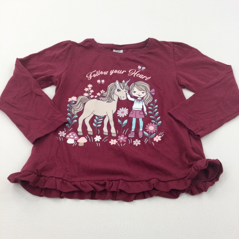'Follow Your Heart' Unicorn & Girl Glittery Burgundy Long Sleeve Top - Girls 4-5 Years