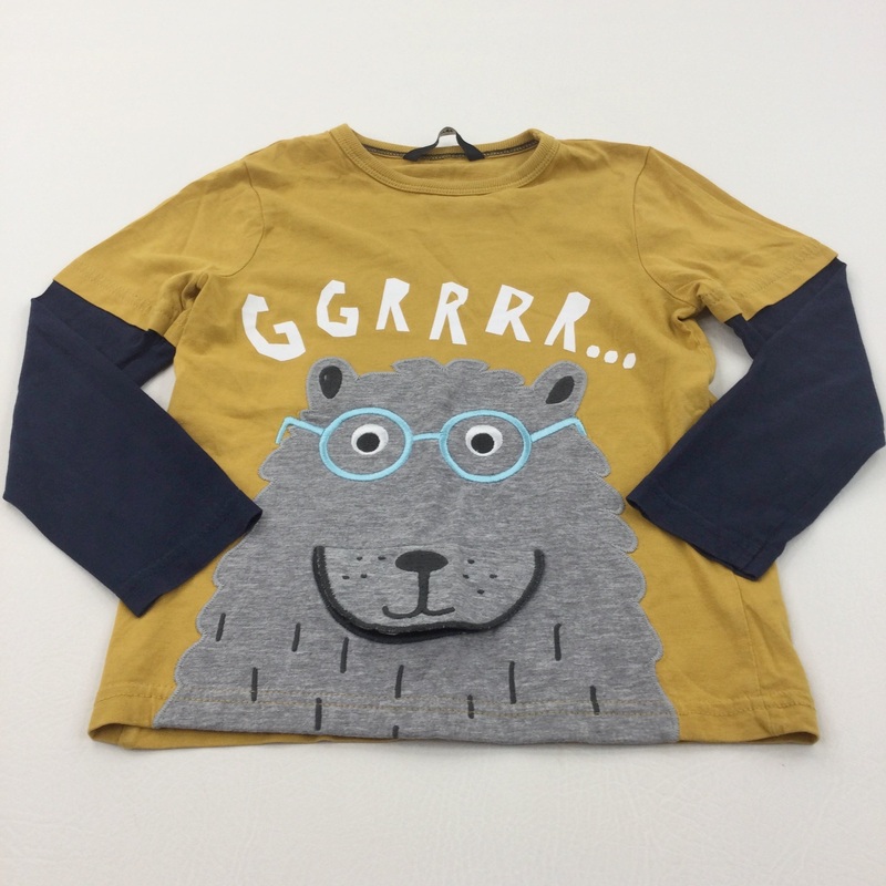 'Grrr' Bear Appliqued Grey, Navy & Mustard Yellow Long Sleeve Top - Boys 4-5 Years