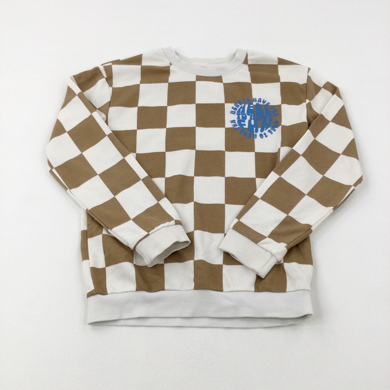 'Here To Have Fun' Tan & Cream Checked Sweatshirt - Boys 9-10 Years