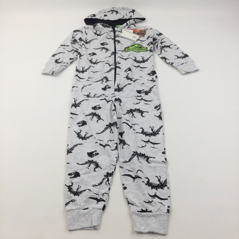 **NEW** 'Jurassic World' Dinosaur Skeletons Grey & Black Lightweight Jersey Onesie - Boys 5-6 Years