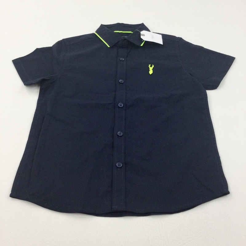 **NEW** Stag Motif Navy & Neon Yellow Cotton Shirt - Boys 5-6 Years