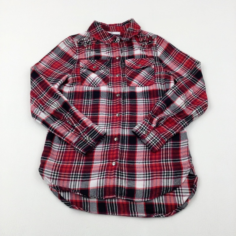Stud Detail Red Tartan Style Long Sleeve Shirt - Girls 9-10 Years