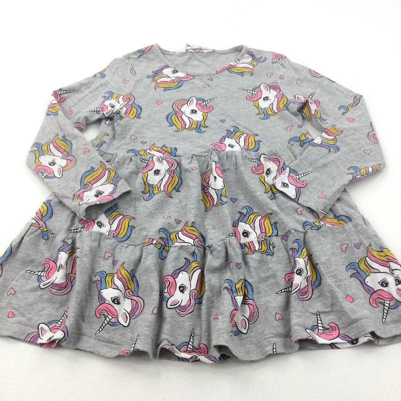 Unicorns Colourful Grey Lightweight Jersey Dress - Girls 5-6 Years