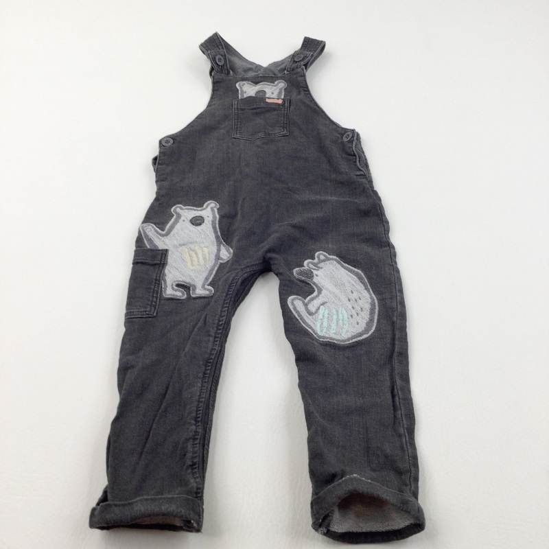 Bears Appliqued Black Lined Denim Dungarees - Boys 18-24 Months
