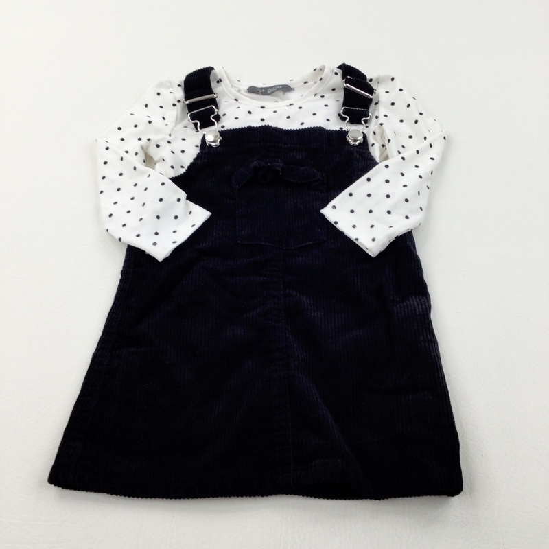 Black Cord Dungaree Dress & Spotty Black & White Long Sleeve Top Set - Girls 18-24 Months
