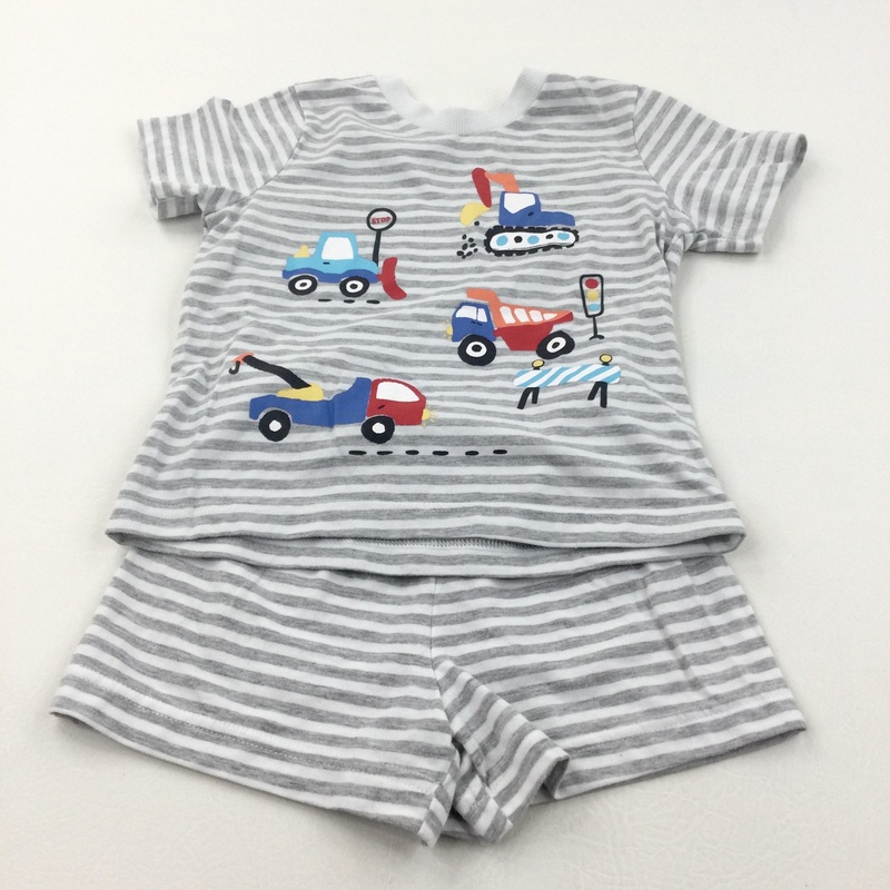 'Construction Vehicles' Grey & White Striped Short Pyjamas - Boys 3-4 Years