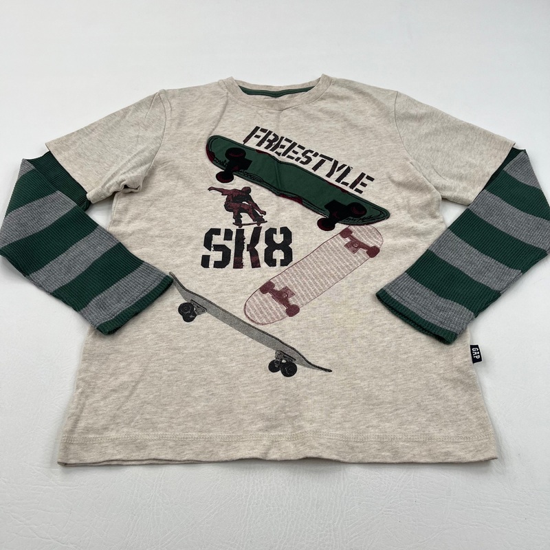 'Freestyle SK8' Skateboard Appliqued Beige, Green & Grey Long Sleeve Top - Boys 8-9 Years