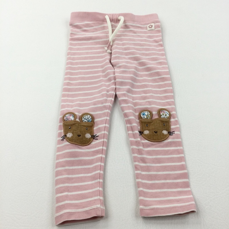 Mice Appliqued Pink & White Striped Leggings - Girls 2-3 Years