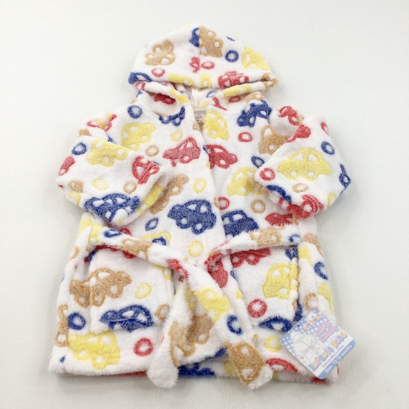 **NEW** Colourful Vehicles White Fluffy Dressing Gown with Hood - Boys 12-18 Months