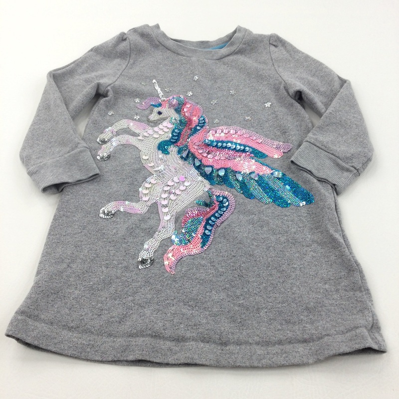 Sequins Unicorn Grey Sparkly Jersey Dress - Girls 3-4 Years