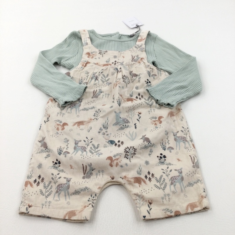 Woodland Animals Pale Green & Cream Cord Short Dungarees & Long Sleeve Bodysuit Set - Girls 12-18 Months