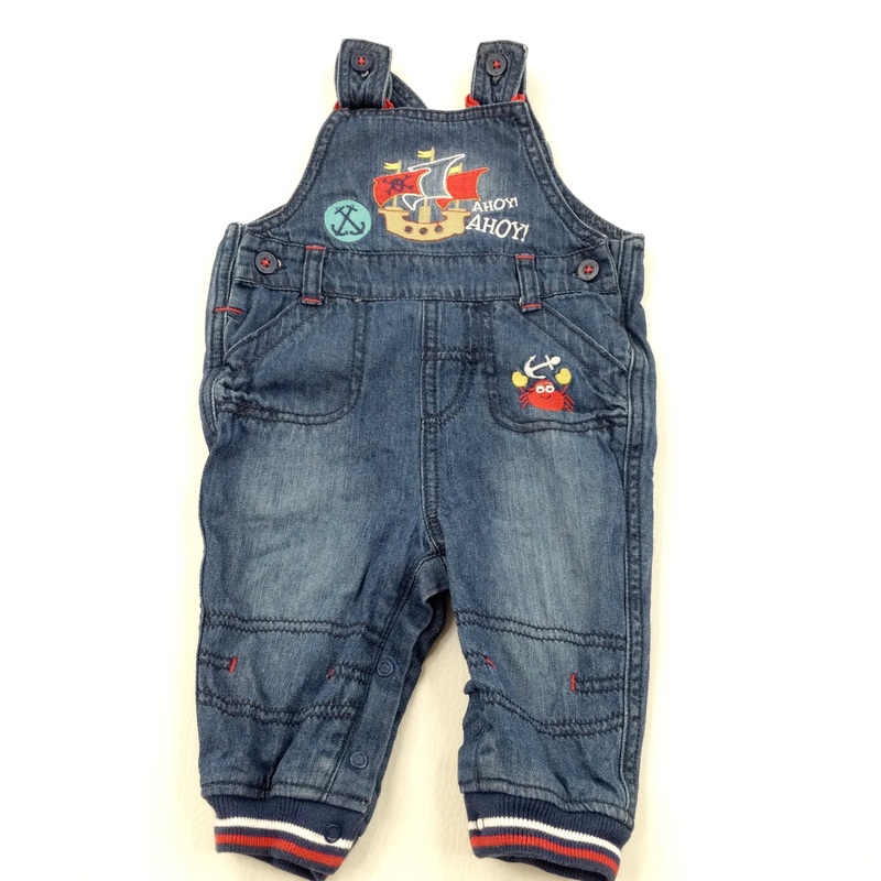 'Ahoy Ahoy' Pirate Ship Appliqued Dark Blue Lined Denim Dungarees - Boys 6-9 Months