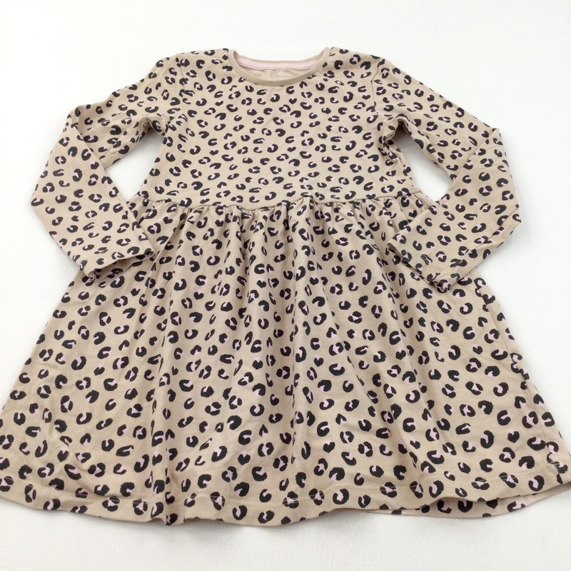 Animal Print Beige, Pink & Black Lightweight Jersey Dress - Girls 6-7 Years