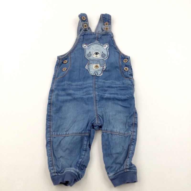 Bear Appliqued Mid Blue Midweight Denim Dungarees - Boys 9-12 Months
