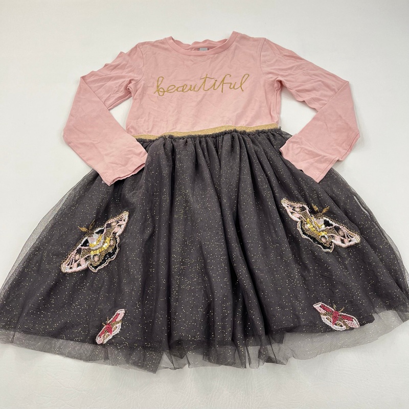 'Beautiful' Butterflies Embroidered Glittery Pink & Grey Jersey & Net Dress - Girls 10 Years