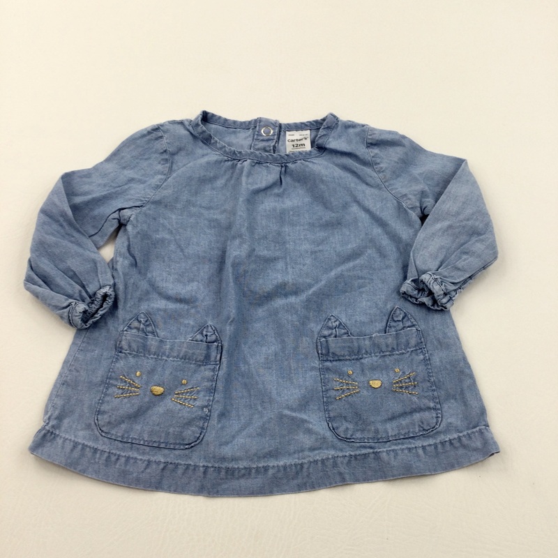 Cat Pockets Blue Denim Effect Cotton Blouse - Girls 12 Months