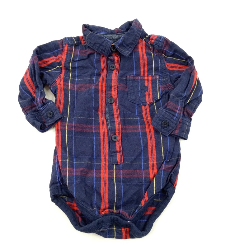 Navy, Red & Yellow Checked Shirt Style Long Sleeve Bodysuit - Boys 6-9 Months