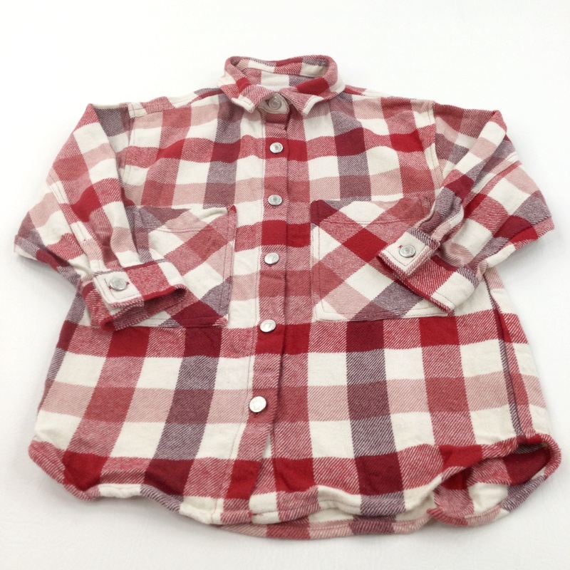 Red & Cream Checked Thick Cotton Long Shirt/Blouse - Girls 5-6 Years