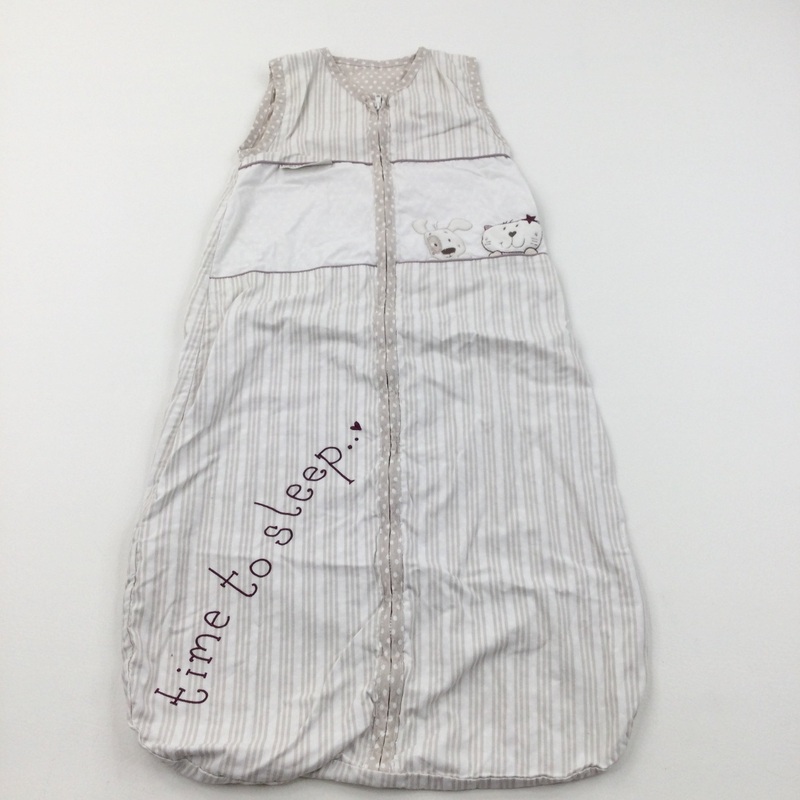 'Time To Sleep' Dog & Cat Appliqued Beige & White Cotton Sleeping Bag - 1 Tog - Boys/Girls 6-18 Months