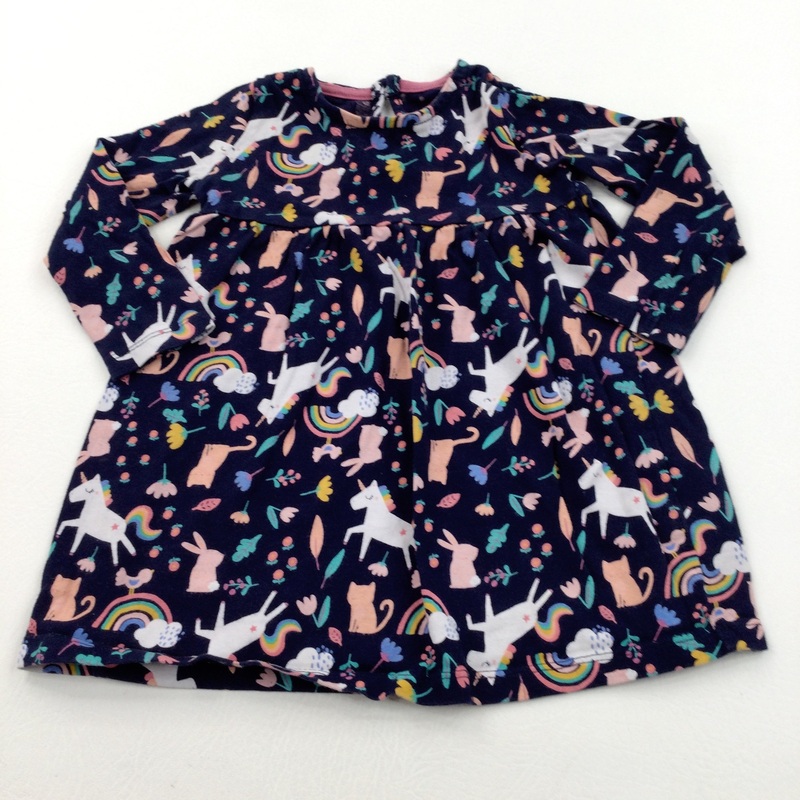 Unicorns & Rainbows Colourful Navy Jersey Dress - Girls 9-12 Months
