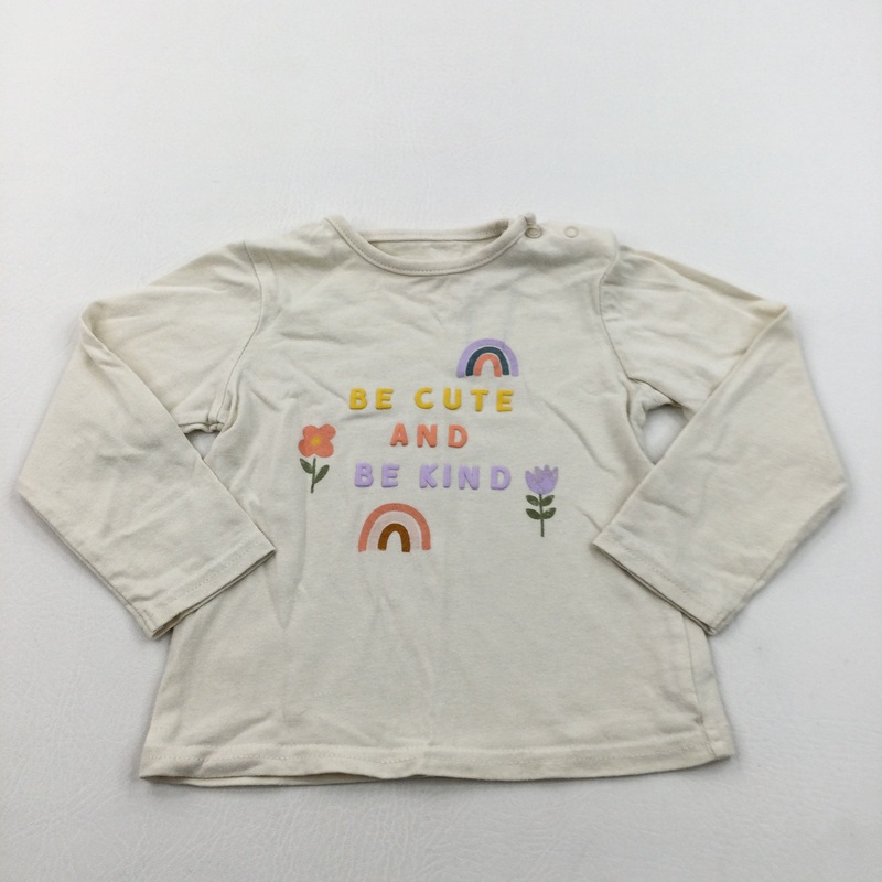 'Be Cute & Be Kind' Rainbows & Flowers Cream Long Sleeve Top - Girls 12-18 Months