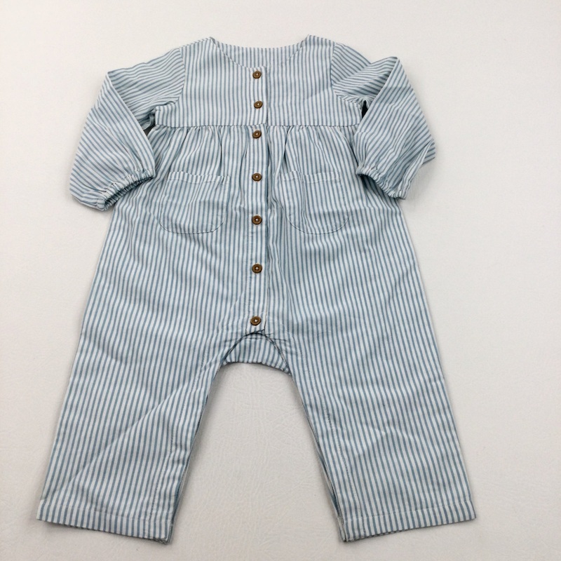 Blue & White Striped Cotton Jumpsuit - Girls 9-12 Months