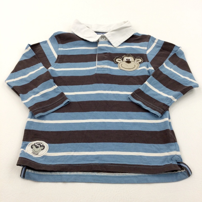 'Cheeky Chimp' Monkey Appliqued Blue & Brown Long Sleeved Polo Shirt - Boys 2-3 Years