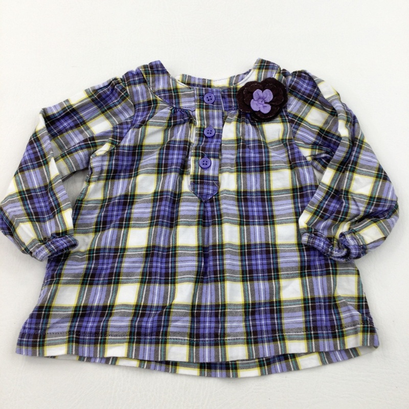 Flower Appliqued Purple, White & Yellow Checked Cotton Blouse - Girls 12 Months
