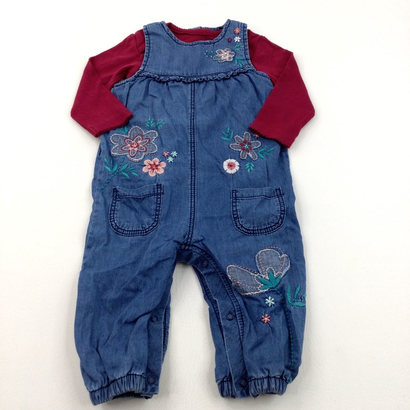 Flowers Appliqued Lined Denim Effect Playsuit & Burgundy Long Sleeve Bodysuit Set - Girls 9-12 Months