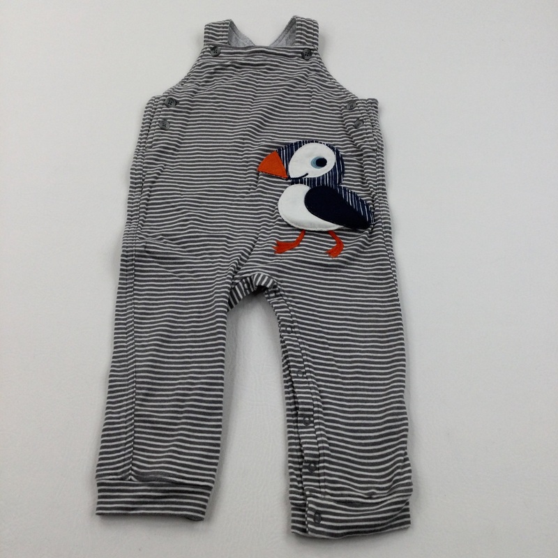 Puffin Appliqued Grey Striped Lined Jersey Dungarees - Boys/Girls 18-24 Months