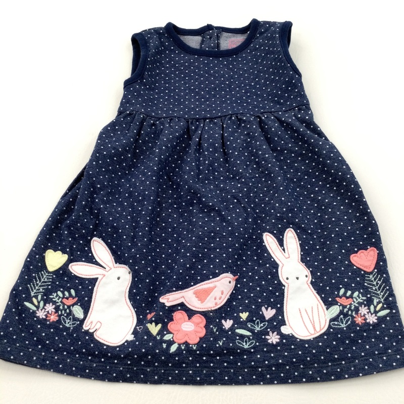 Rabbits, Bird & Flowers Appliqued Spotty Navy Jersey Dress - Girls 12-18 Months