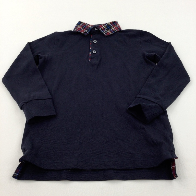 Tartan Collar Navy Long Sleeved Polo Shirt - Boys 2-3 Years