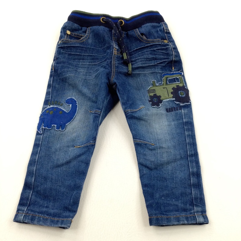 Tractor & Dinosaur Appliqued Mid Blue Denim Pull On Jeans - Boys 12-18 Months