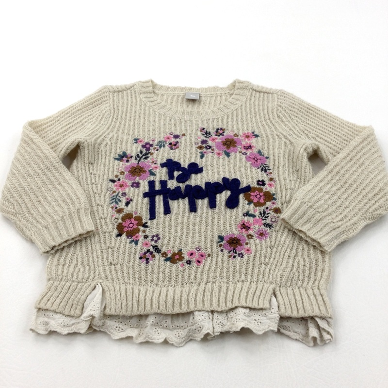 'Be Happy' Emboridered Flowers Cream Knitted Jumper - Girls 2-3 Years