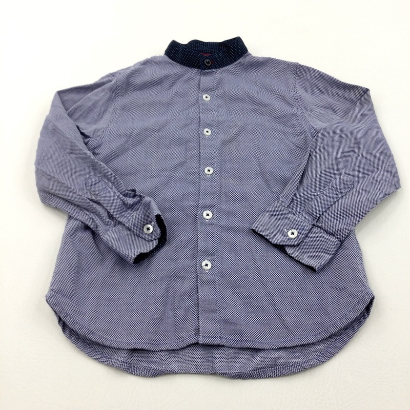 Navy & White Collarless Long Sleeved Shirt - Boys 4-5 Years