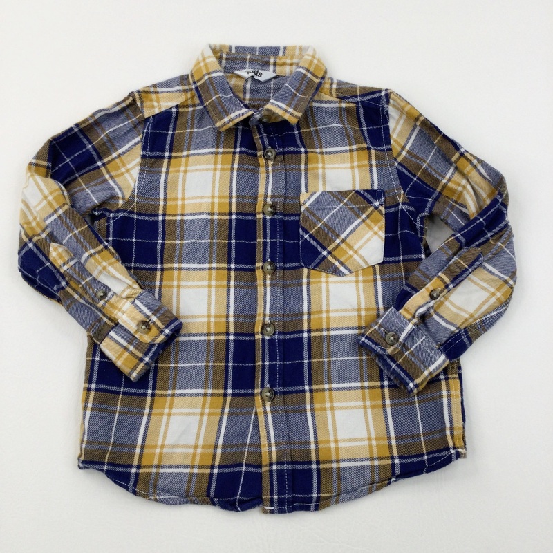 Navy, White & Mustard Checked Long Sleeved Shirt - Boys 3-4 Years