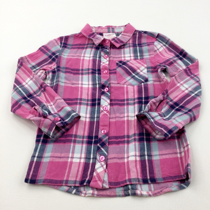 Pink, Navy & White Checked Long Sleeved Shirt - Girls 5 Years
