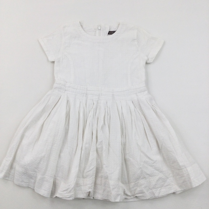 Textured White Lined Cotton Dress - Girls 3-4 Years