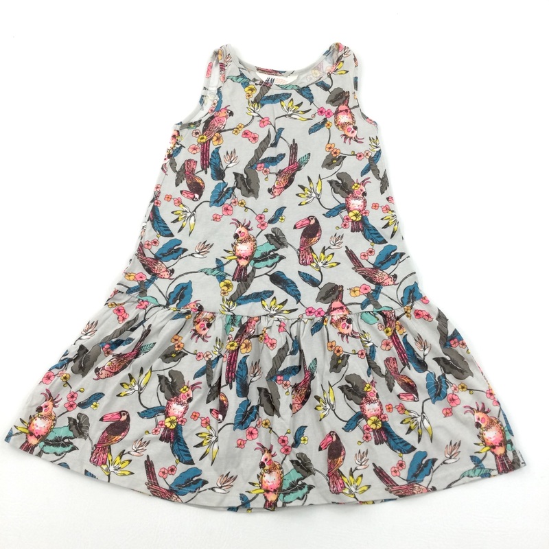 Tropical Birds & Flowers Beige Jersey Dress - Girls 6-8 Years