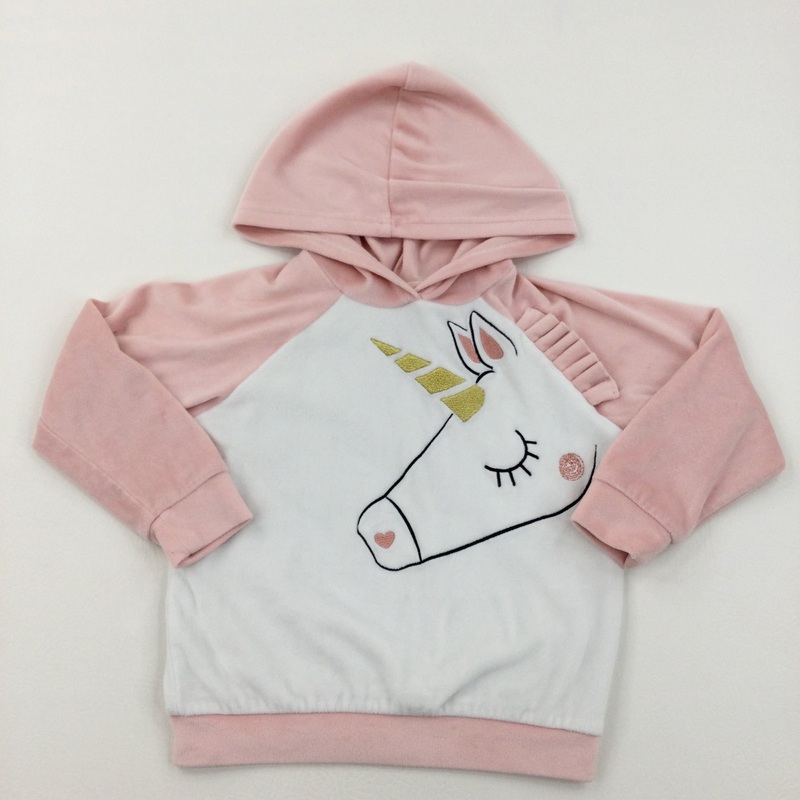 Unicorn Pink & White Velour Lightweight Hoodie - Girls 3-4 Years