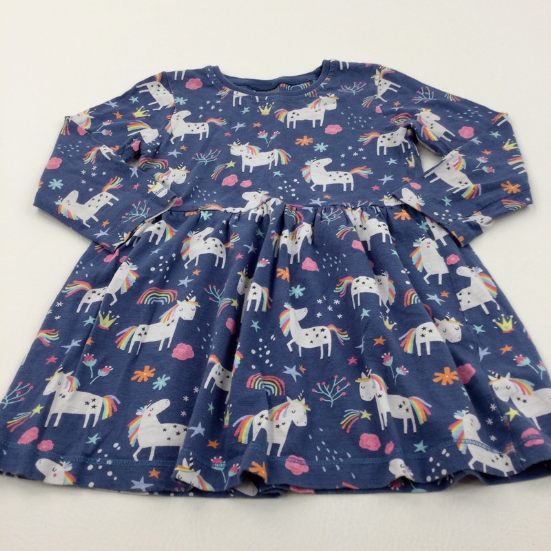 Unicorns & Rainbows Blue Jersey Dress - Girls 2-3 Years