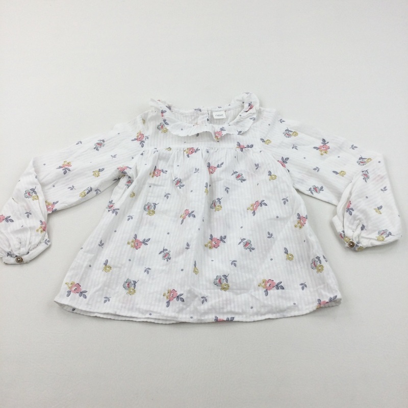 Flowers White Long Sleeved Collared Blouse - Girls 5-6 Years