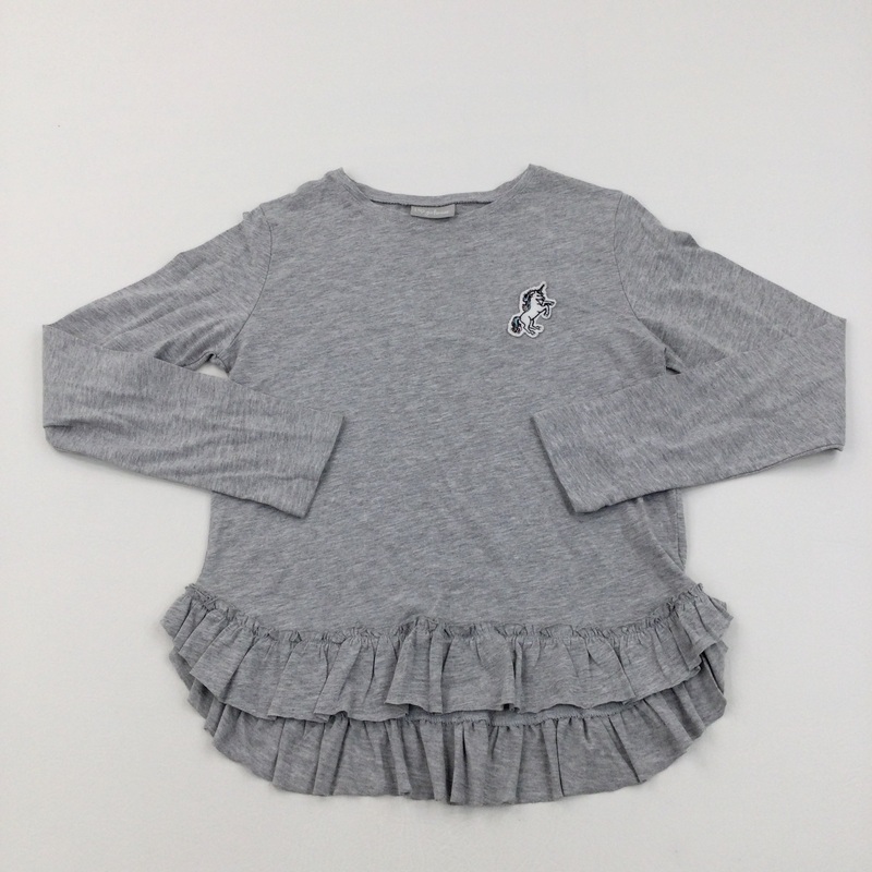 Unicorn Badge Grey Long Sleeved Top - Girls 10 Years