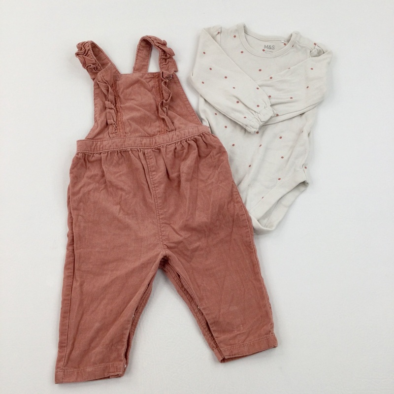 Dusky Pink Lightweight Cord Dungarees With Spotty Long Sleeved Bodysuit - Girls 9-12 Months