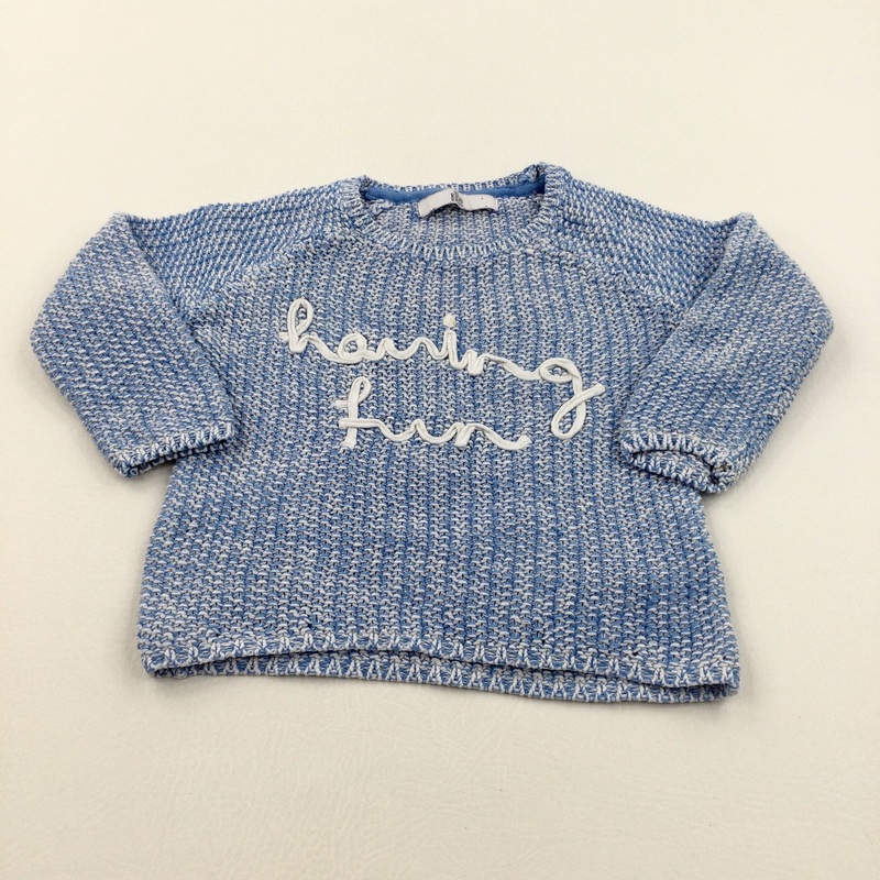 'Having Fun' Blue & White Knitted Jumper - Boys 12-18 Months