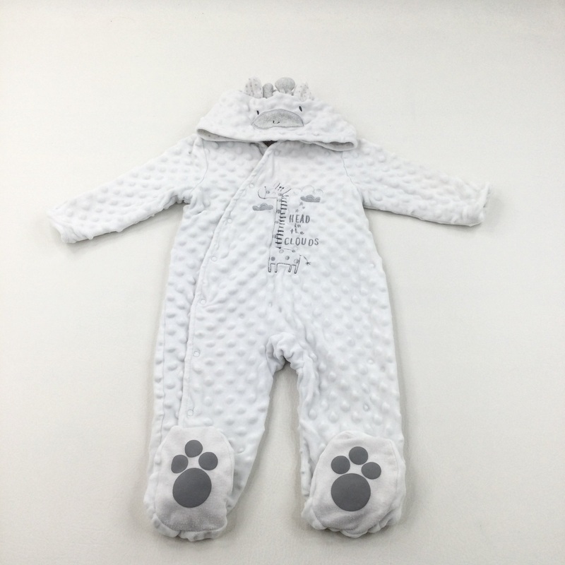 'Head In The Clouds' Giraffe White Velour Lightweight Pramsuit - Boys/Girls 9-12 Months