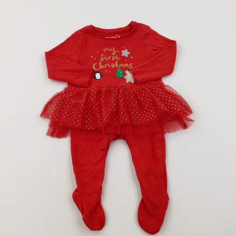 'My First Christmas' Appliqued Red Babygrow with Net Skirt - Girls 0-3 Months