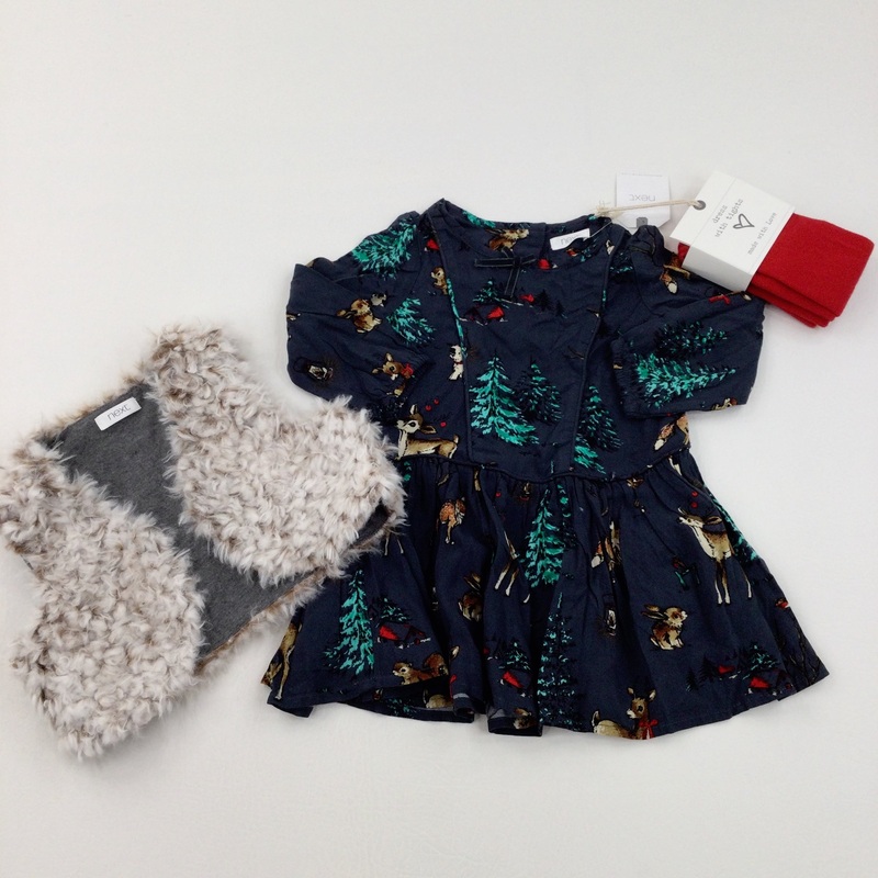 **NEW** Wild Animals & Trees Navy Cotton Dress, Fluffy Gilet & Red Tights Set - Girls 9-12 Months