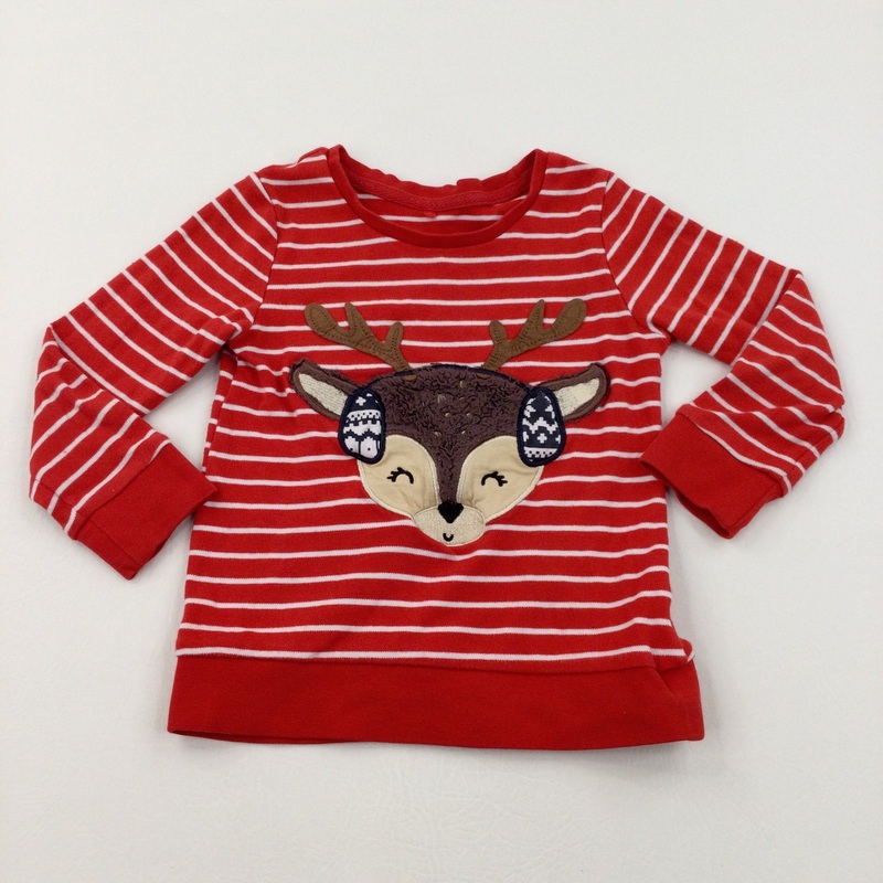 Reindeer Appliqued Red & White Striped Long Sleeve Top - Boys/Girls 4-5 Years
