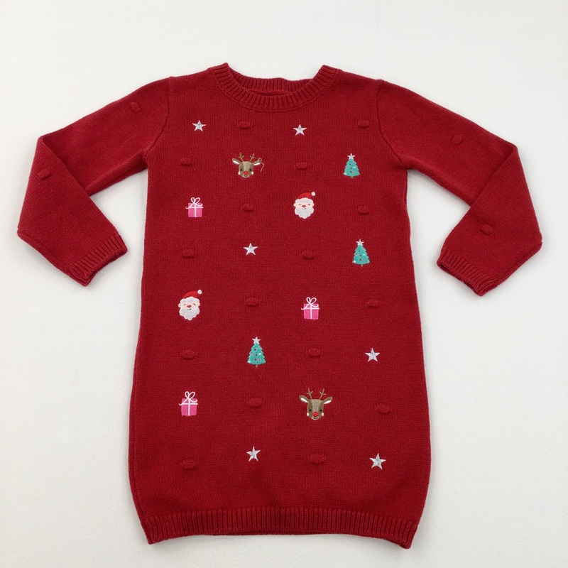 Reindeer, Stars & Father Christmas Embroidered Red Knitted Dress - Girls 2-3 Years